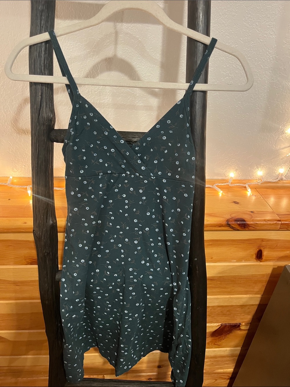Brandy Melville Dark Teal Mini Slip Dress with White Floral Dots